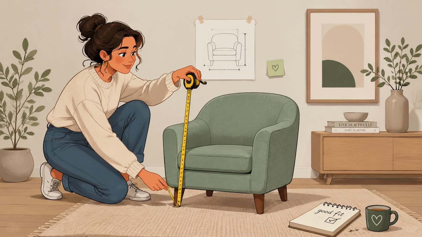 A young woman kneeling on a rug, using a measuring tape to determine the height of a chair.