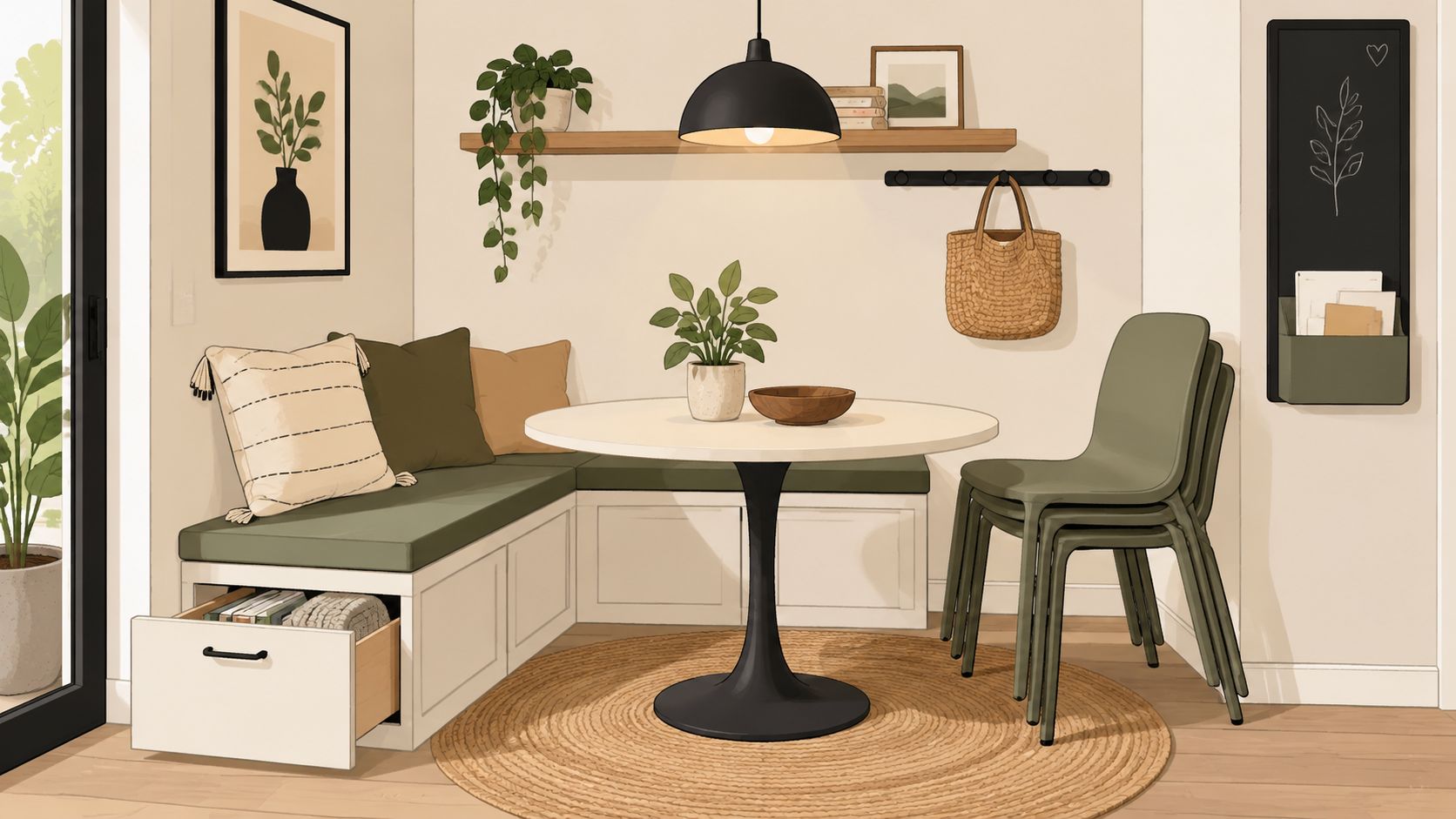 A cozy dining nook featuring a white pedestal table, corner bench seating with storage, and green chairs.
