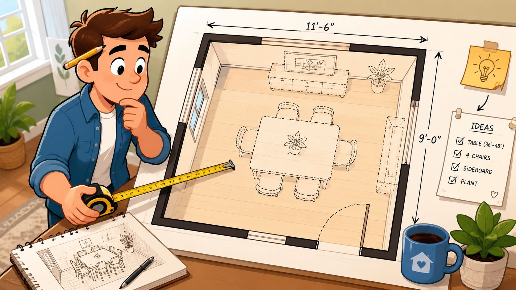A cartoon man using a measuring tape to plan furniture layout on a dining room floor plan.