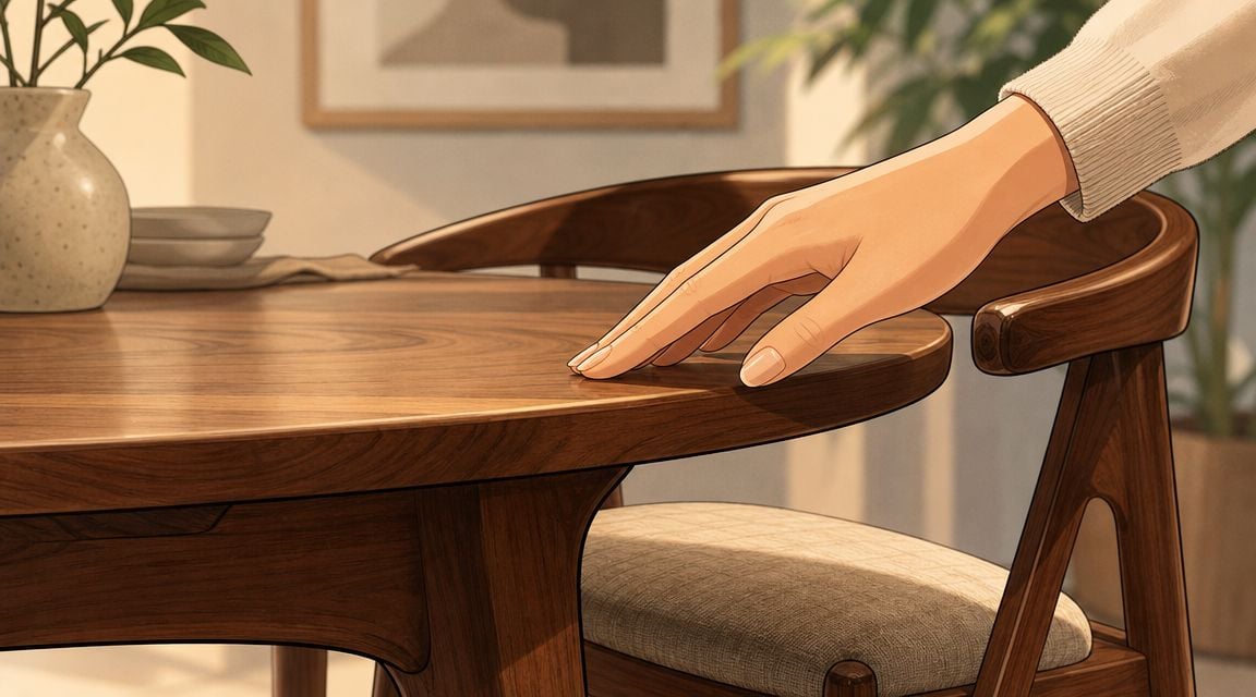 A hand rests on a smooth wooden dining table next to an elegant wooden chair.