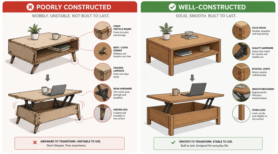 A comparison illustration between poorly constructed and well-constructed small space convertible furniture coffee tables.