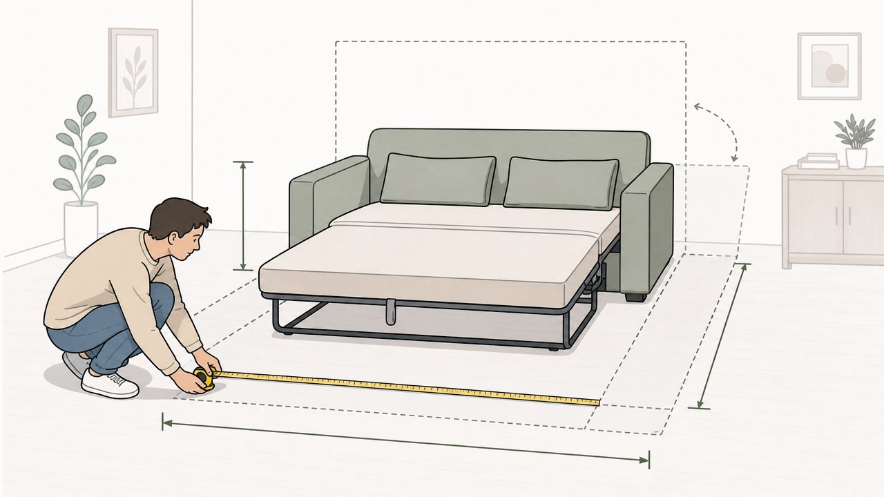 A person kneeling on the floor measuring the dimensions of a green convertible sofa bed.