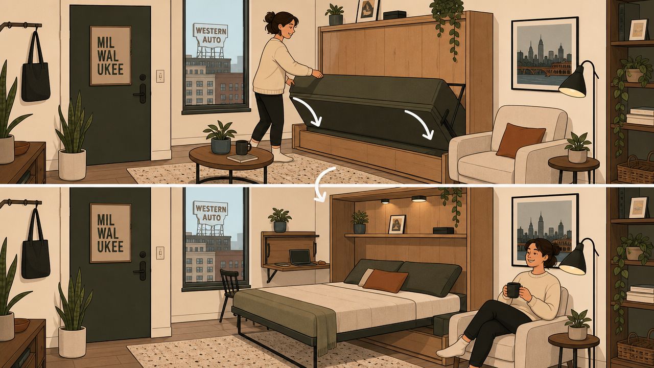 A woman transforms a wall-mounted desk bed from a cabinet into a comfortable bed in a studio.