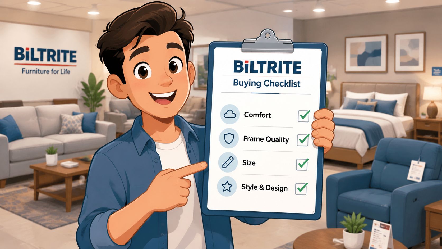 A cheerful cartoon man holding a clipboard with a furniture buying checklist in a modern showroom.