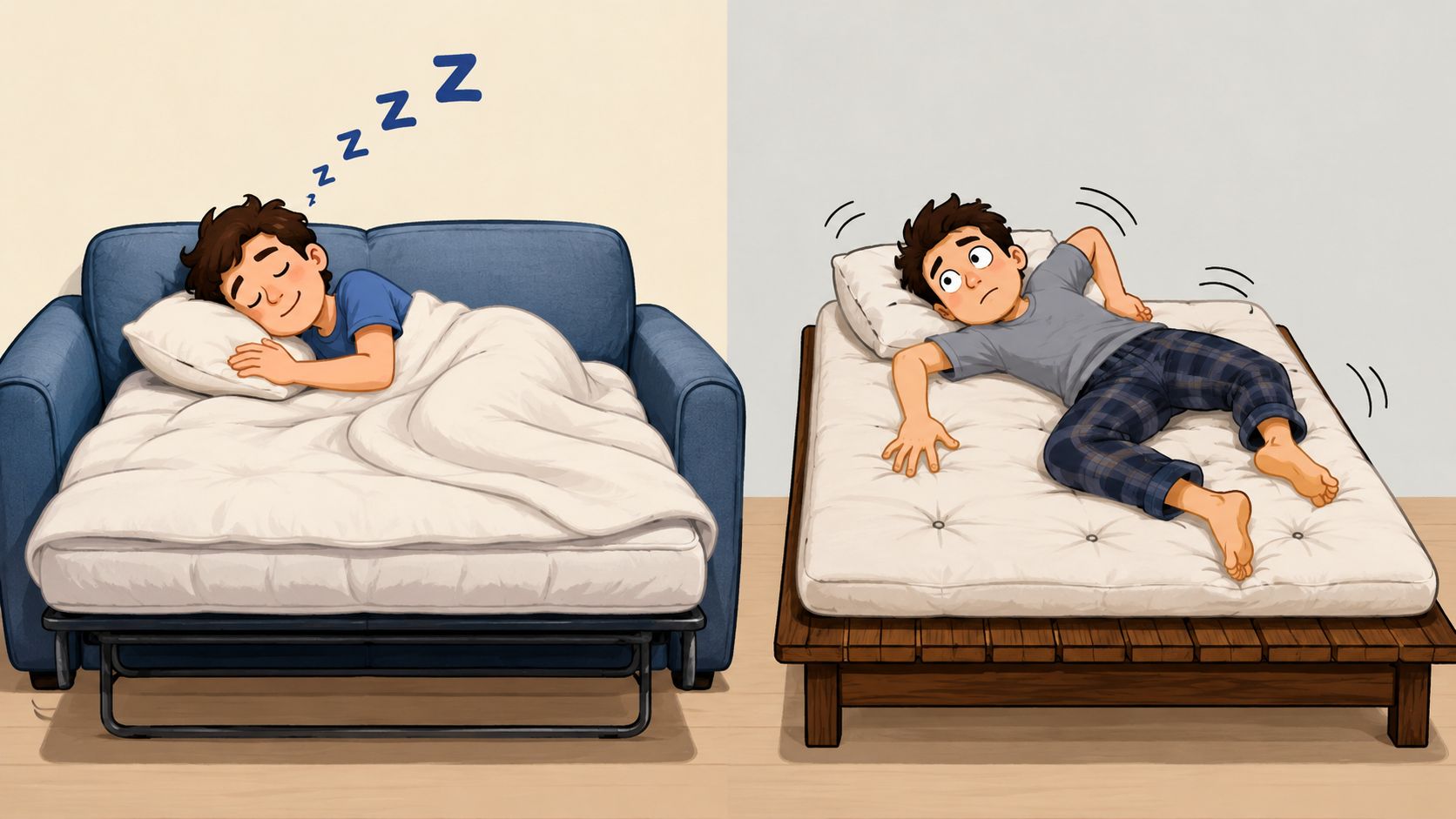 A split image showing a boy comfortably sleeping on a sofa bed and struggling on a hard futon.