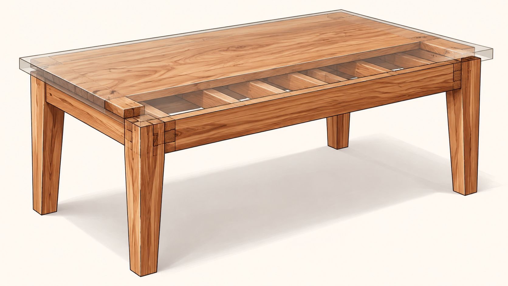 A modern solid wood coffee table with a transparent glass top and visible intricate joinery construction.