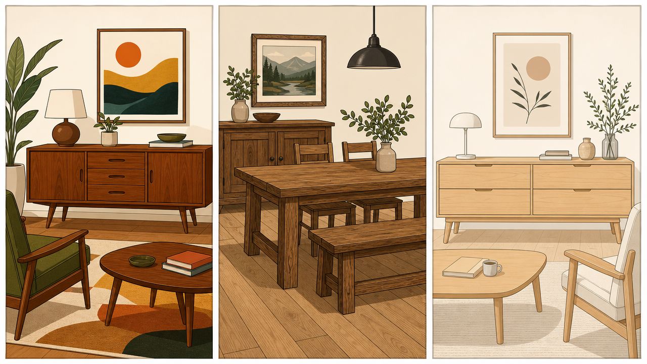 A split image showing three different living and dining room interiors styled with solid wood furniture designs.