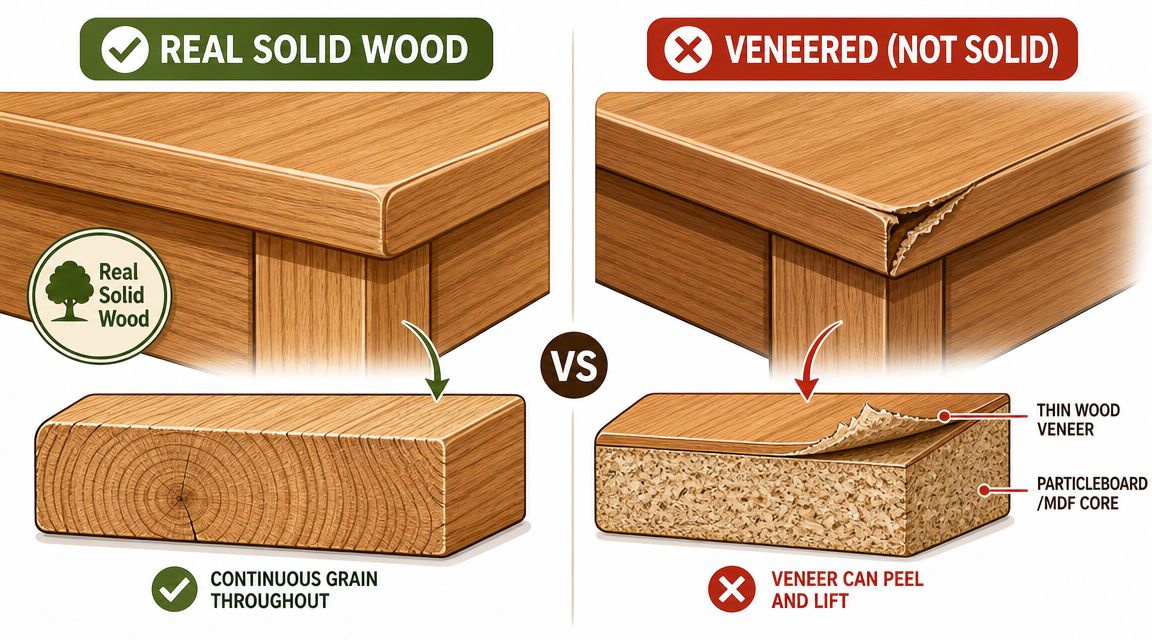 A comparative illustration showing the structural differences between solid wood furniture and veneered particleboard furniture.
