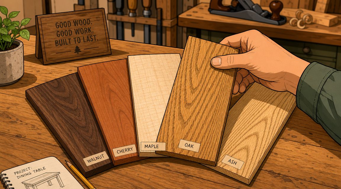 A craftsman holding a piece of oak wood next to other wooden planks in a workshop.