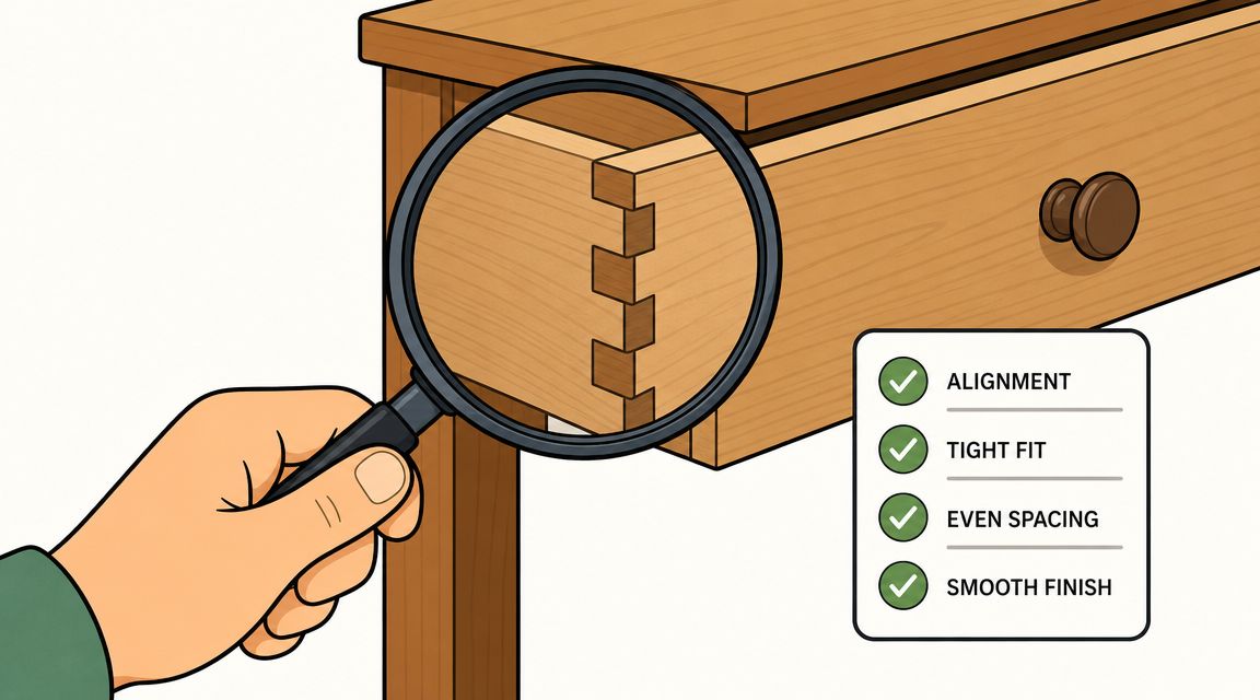 A hand holding a magnifying glass over a high-quality dovetail joint on a wooden drawer.