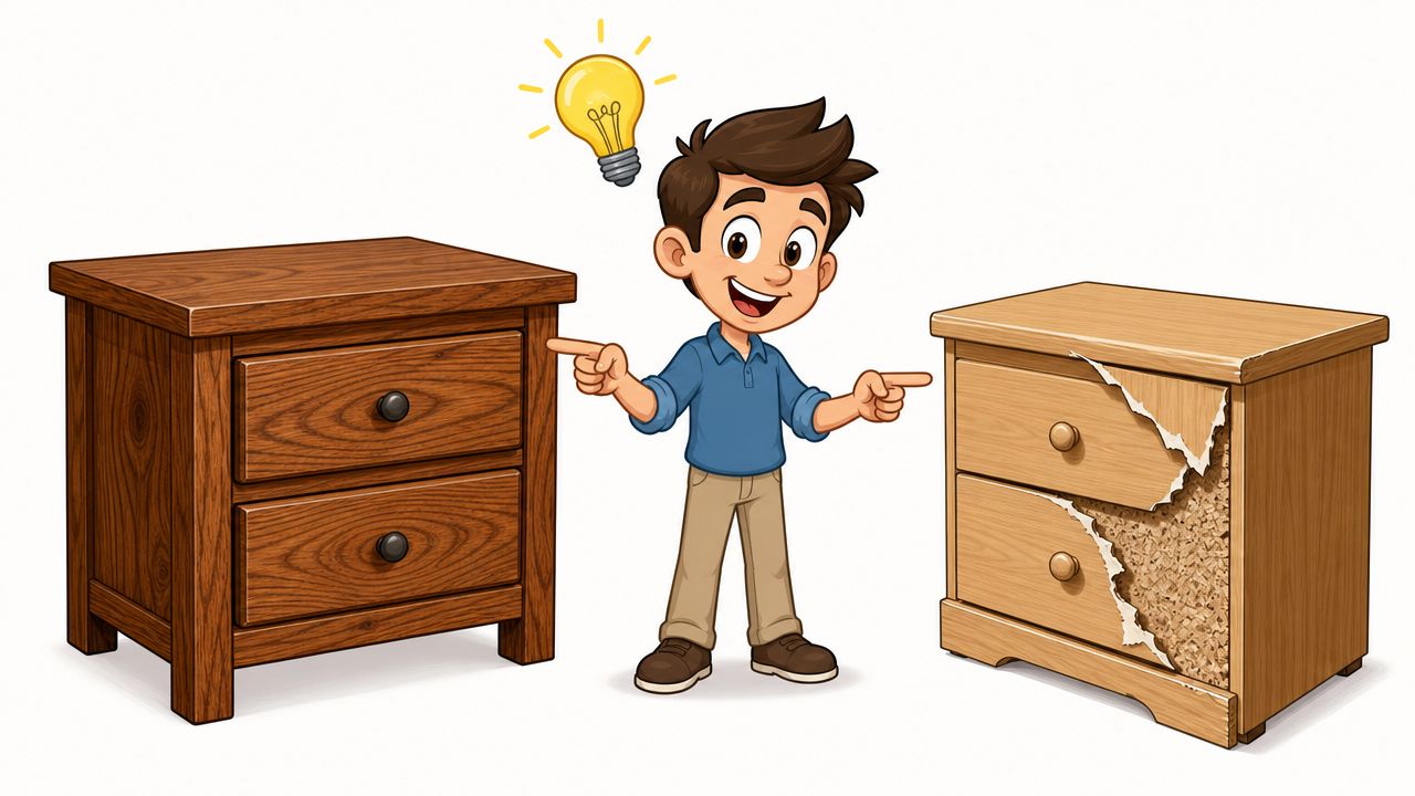 A cartoon character pointing at a solid wood nightstand next to a damaged particle board cabinet.