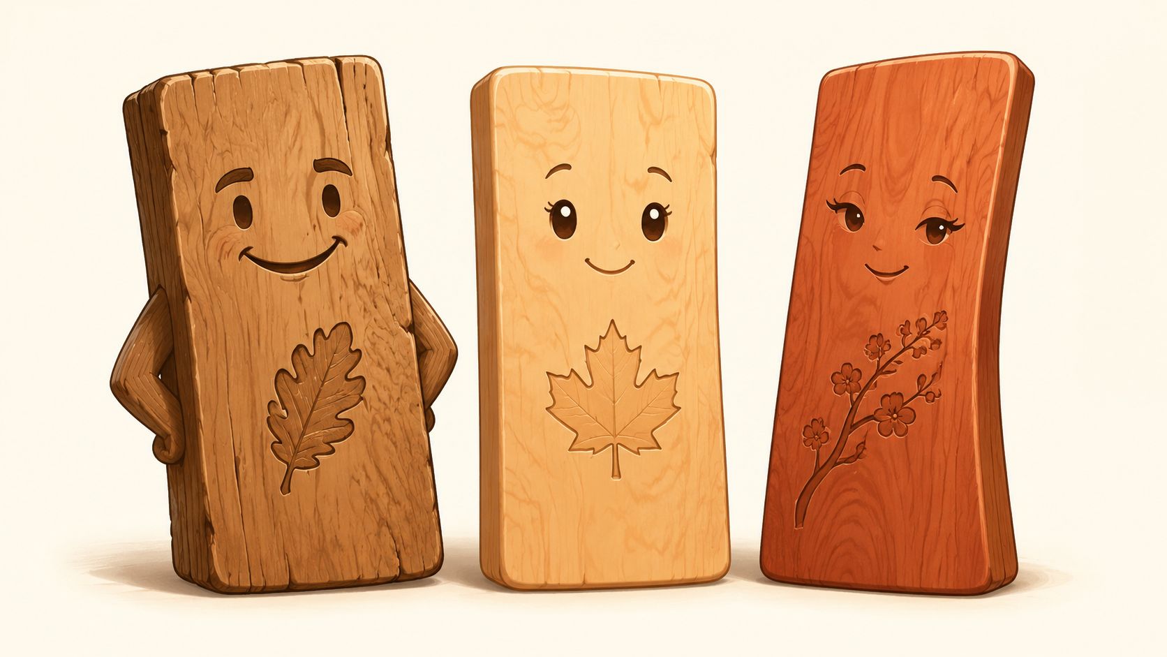 Three cartoon-style wooden board characters with faces and carved plant designs standing on a white background.