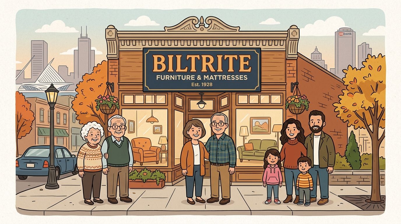 A family posing in front of Biltrite Furniture and Mattresses store on a pleasant autumn day.