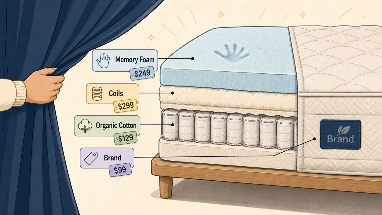 A diagram of a mattress cutaway showing component layers with their individual prices clearly labeled.