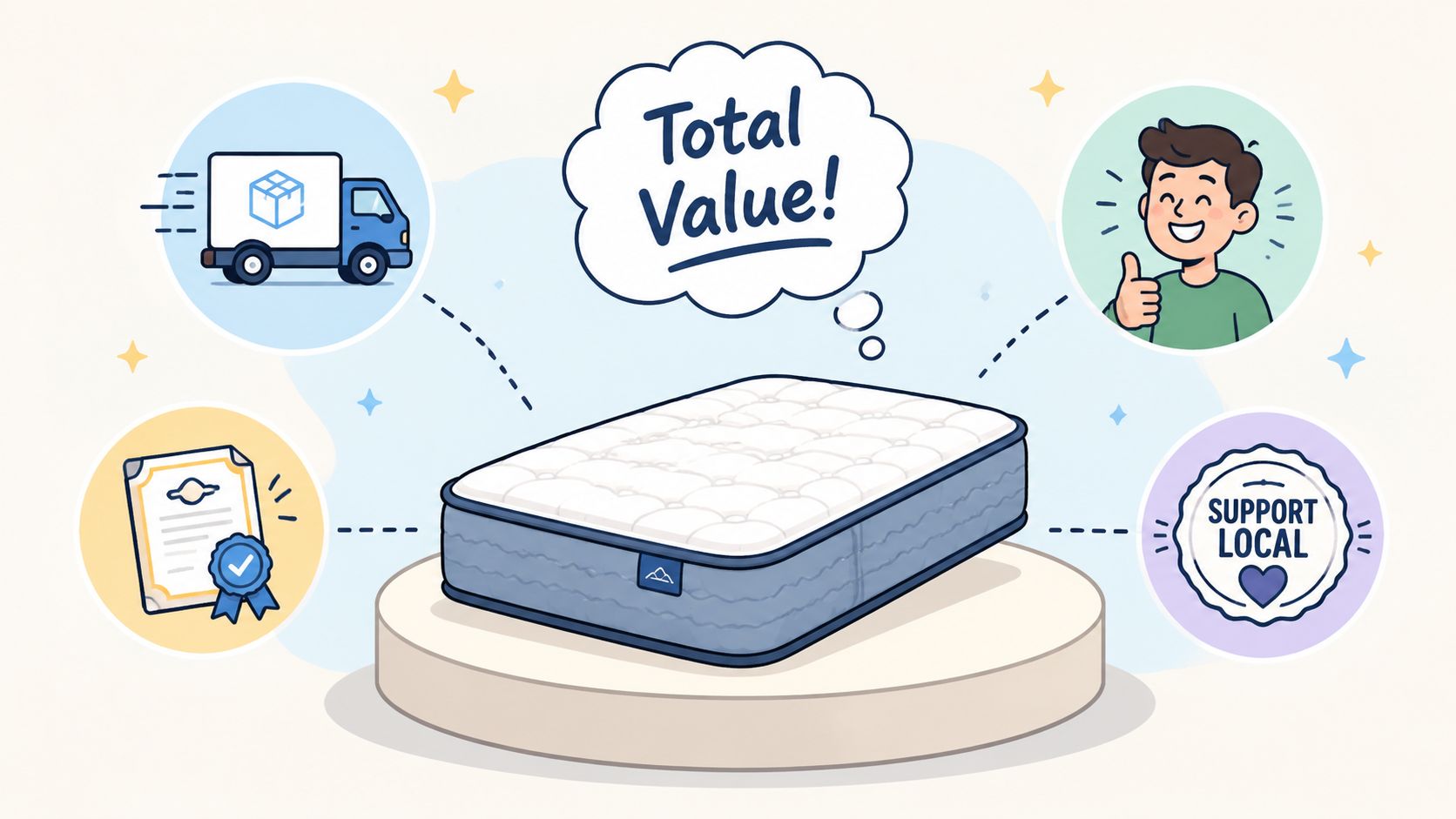 A graphic showing a mattress on a pedestal with icons for delivery, quality guarantee, happy customer, and local support.