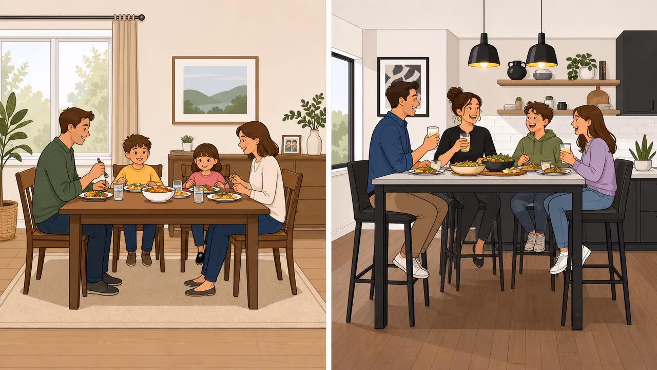 A split image showing a family eating at a standard table and a counter height dining set.
