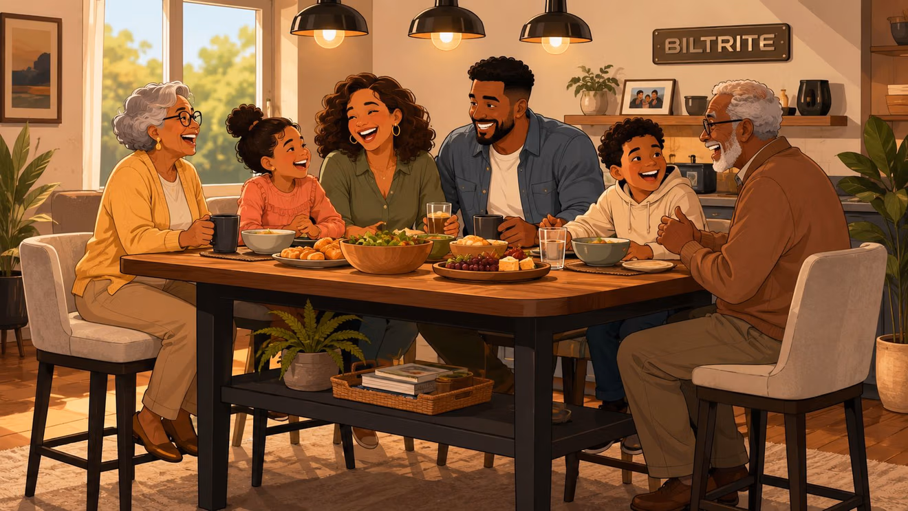 A happy multi-generational family enjoys a lively meal together around a stylish counter height dining room set.
