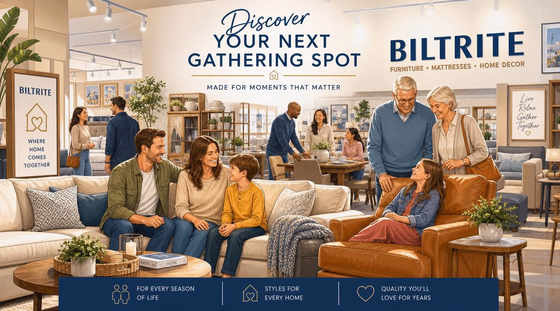 A happy multi-generational family sitting together in a beautifully furnished Biltrite furniture store showroom.