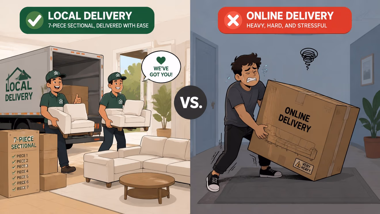 A comparison illustration showing professional local sofa delivery versus the stress of moving heavy online packages.