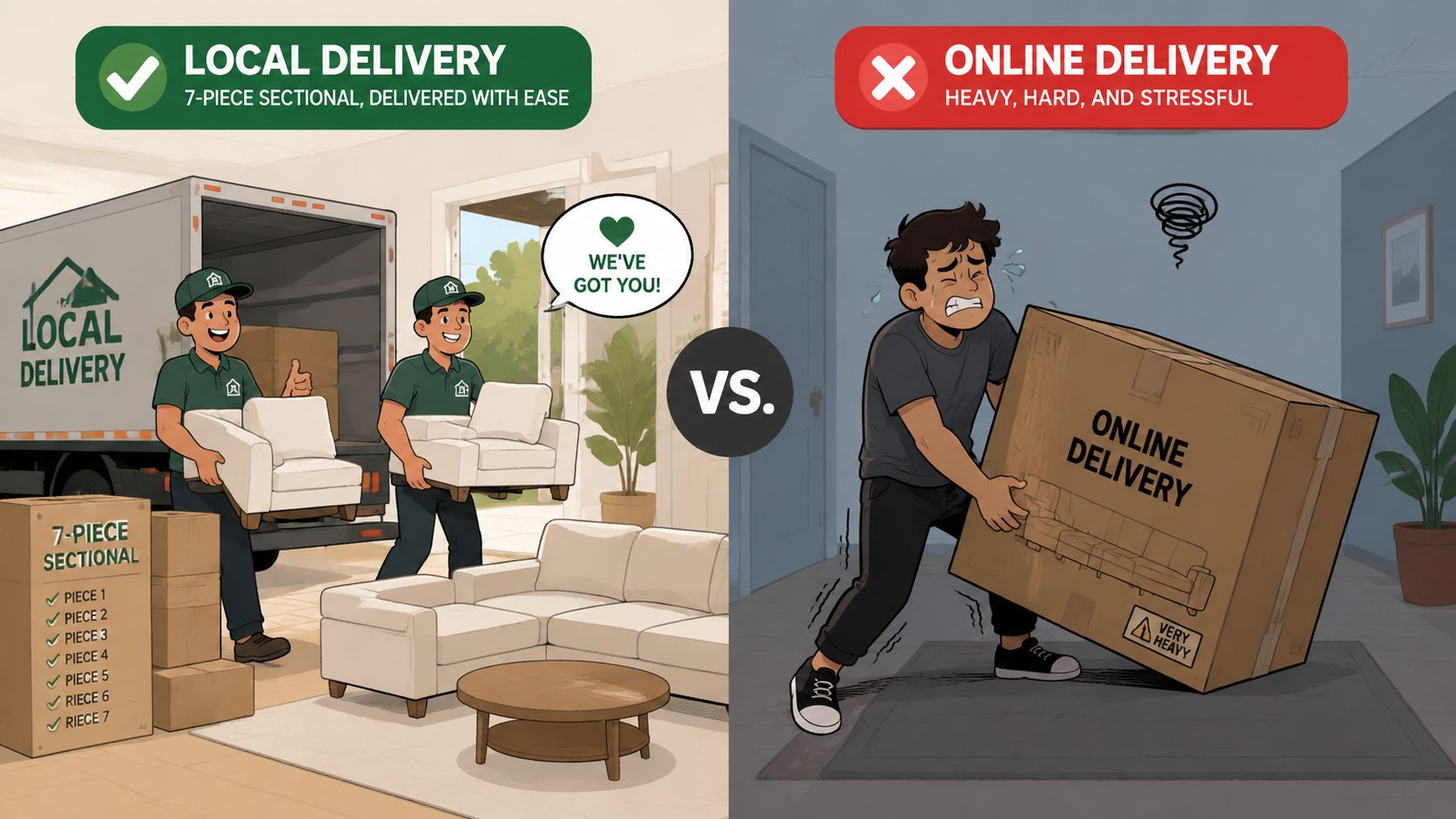 A comparison illustration showing professional local sofa delivery versus the stress of moving heavy online packages.