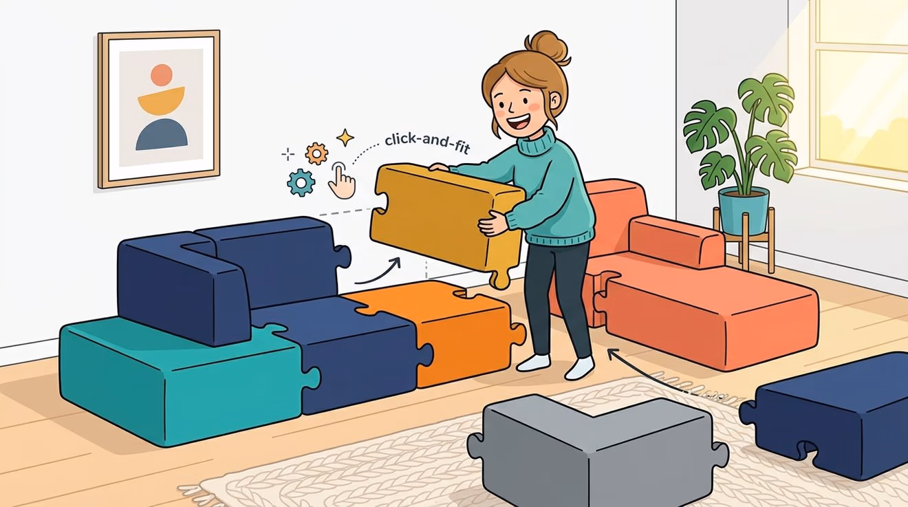 A woman assembling modular puzzle-style sofa pieces into a custom sectional couch in a bright living room.