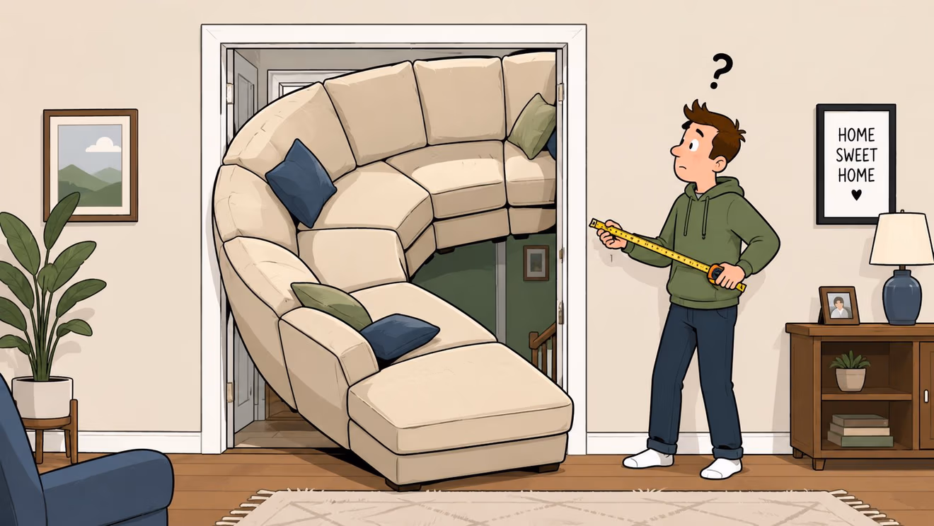 A man looks confused while measuring a large sectional sofa that is stuck in a doorway.