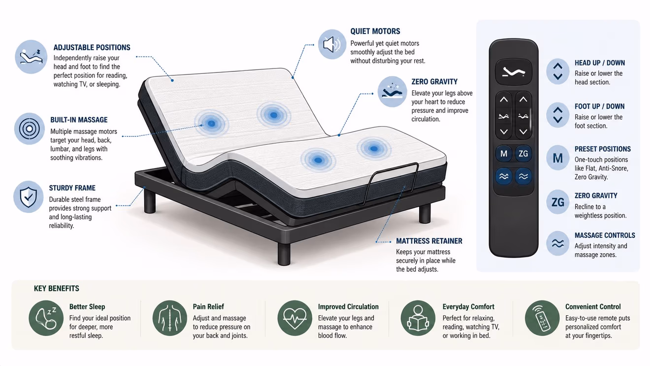 An adjustable bed frame with built-in massage features, zero gravity mode, and an included remote control.