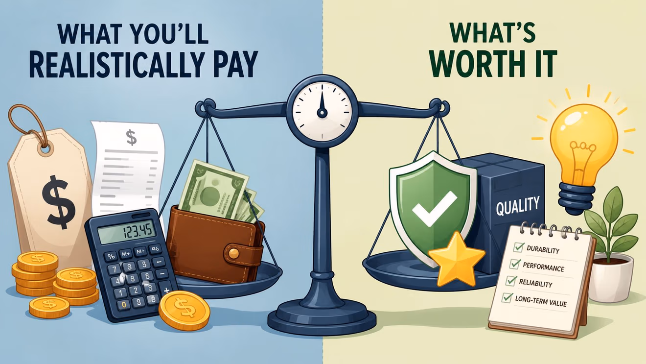A conceptual scale illustration weighing realistic costs against the long-term value and quality of a purchase.