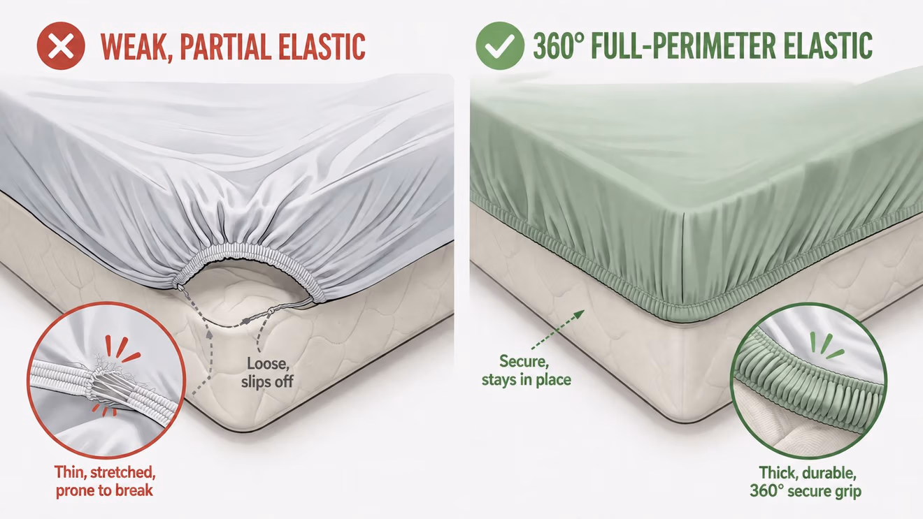 A comparison between a weak partial elastic fitted sheet and a secure 360-degree full-perimeter elastic fitted sheet.