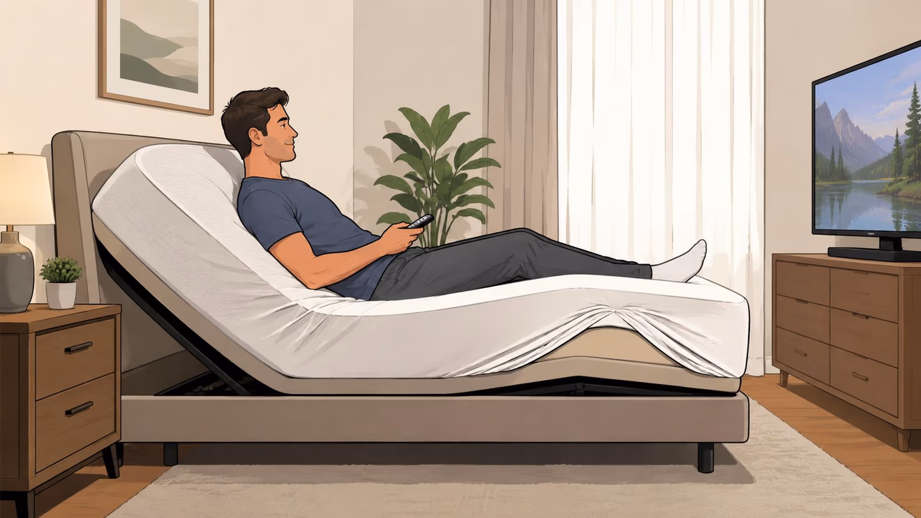 A man relaxing on an adjustable bed in a modern bedroom while watching television with a remote.