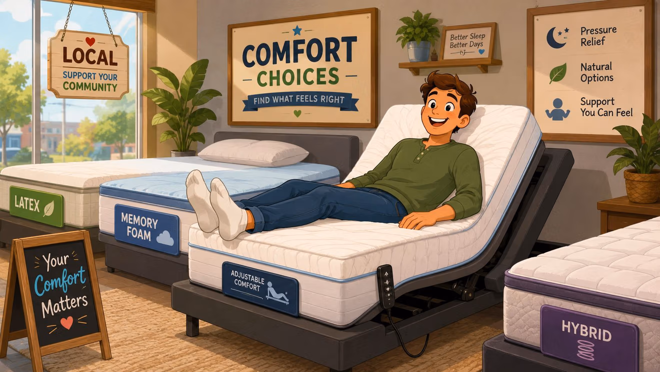 A cartoon man smiling on an adjustable bed in a mattress store filled with comfort choices.