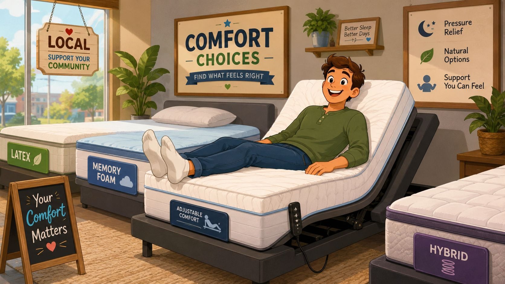 A cartoon man smiling on an adjustable bed in a mattress store filled with comfort choices.