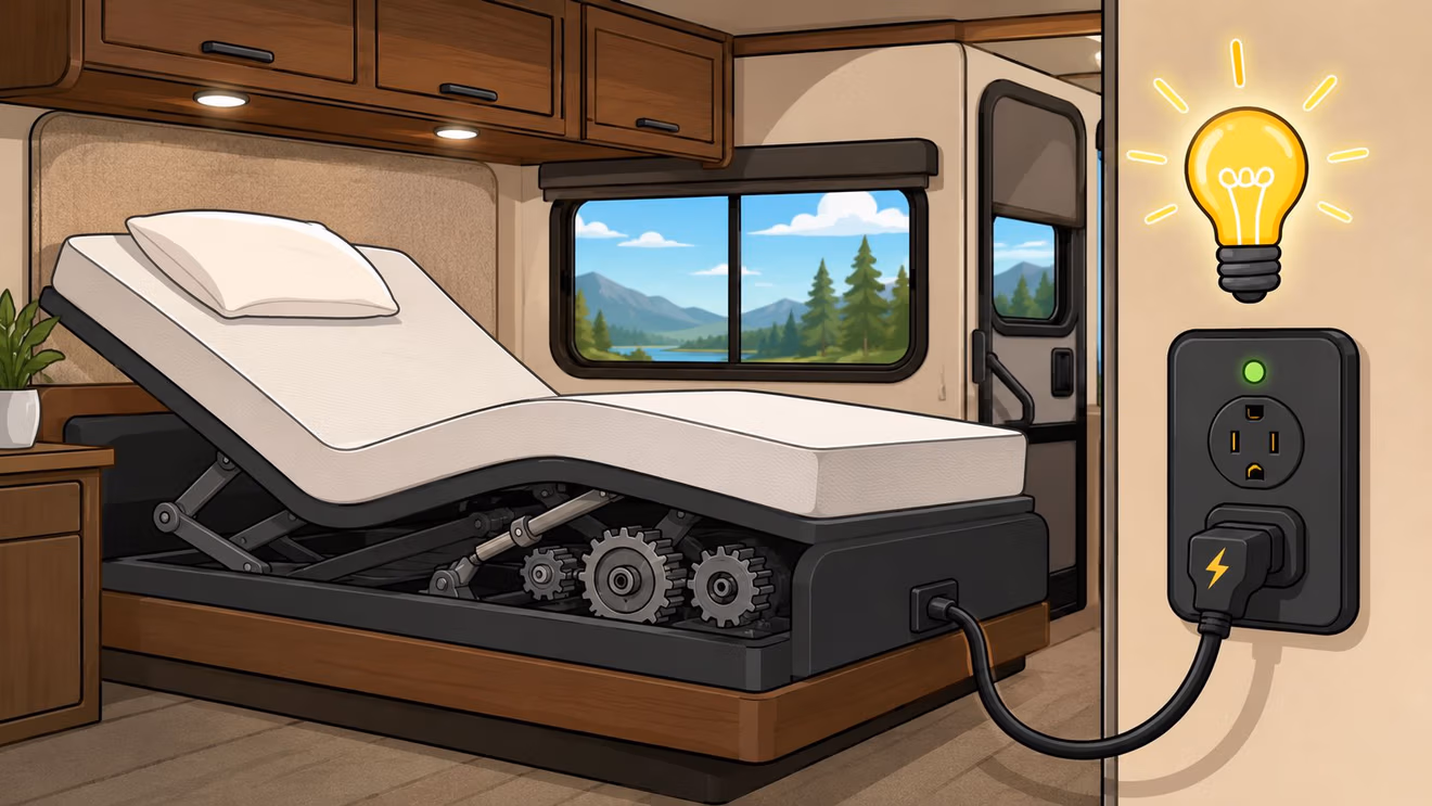 An adjustable bed for an RV is connected to a power outlet with visible mechanical gears inside.