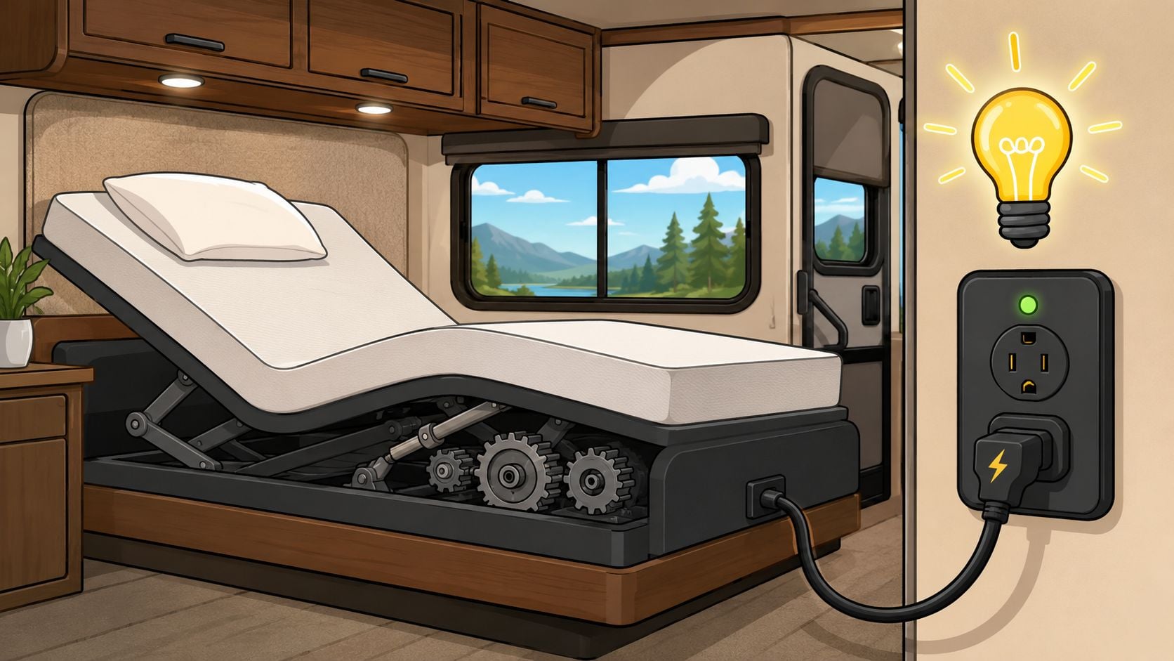 An adjustable bed for an RV is connected to a power outlet with visible mechanical gears inside.