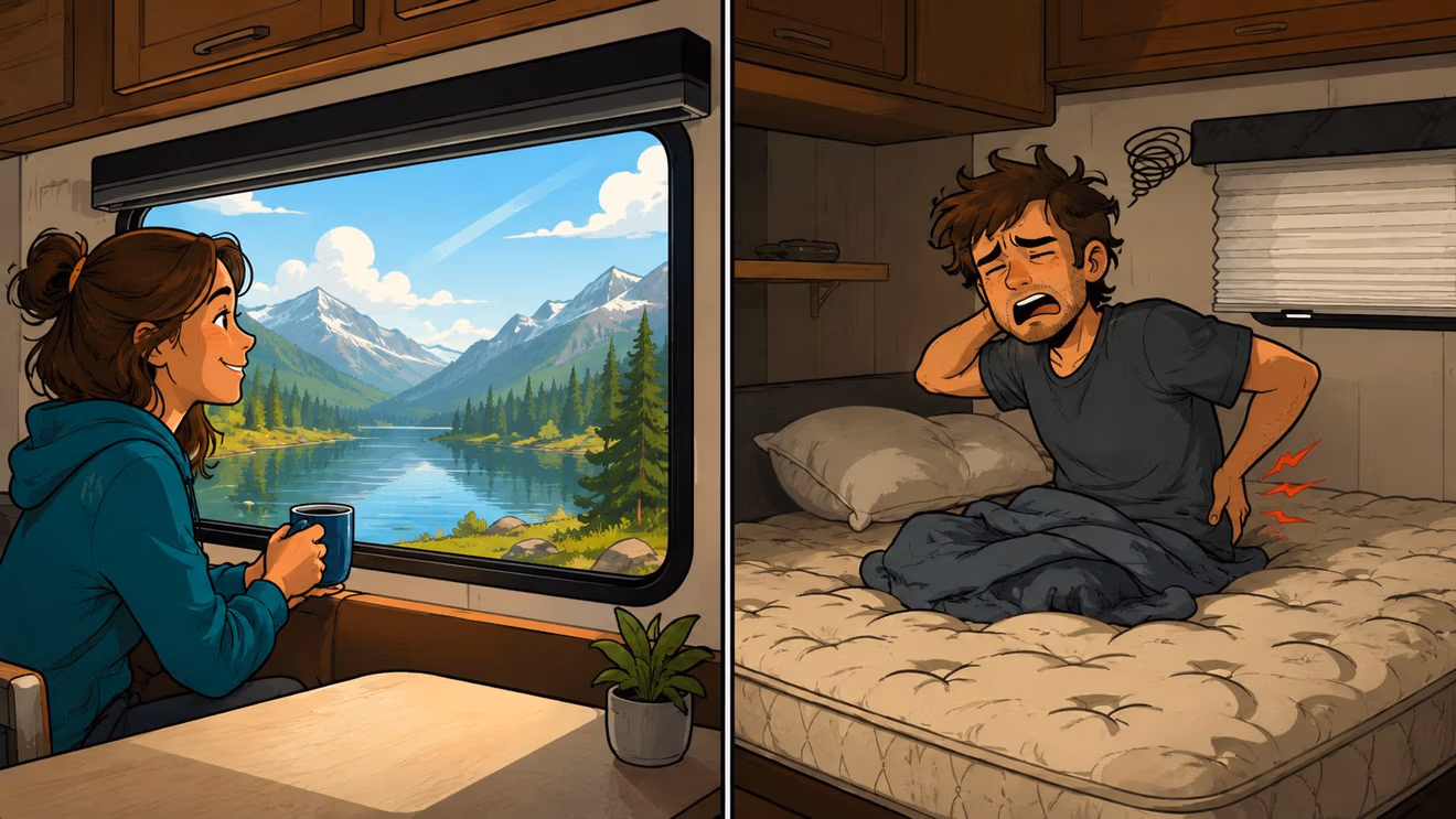 A split-screen illustration showing a happy woman enjoying a mountain view versus a man in pain from a poor mattress inside an RV.