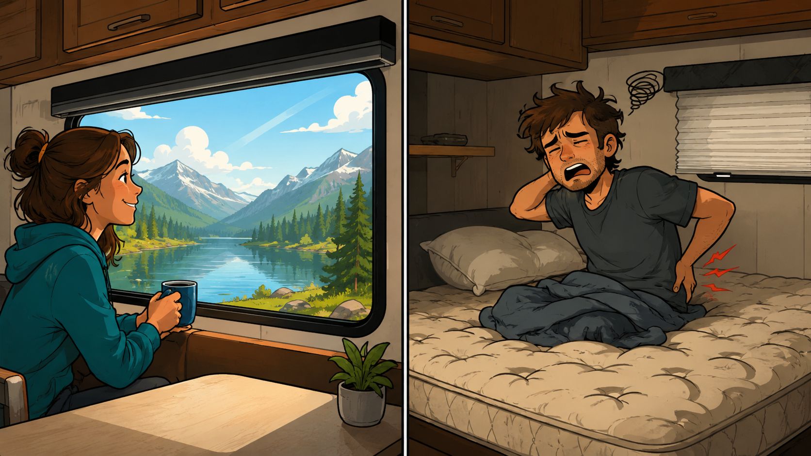 A split-screen illustration showing a happy woman enjoying a mountain view versus a man in pain from a poor mattress inside an RV.