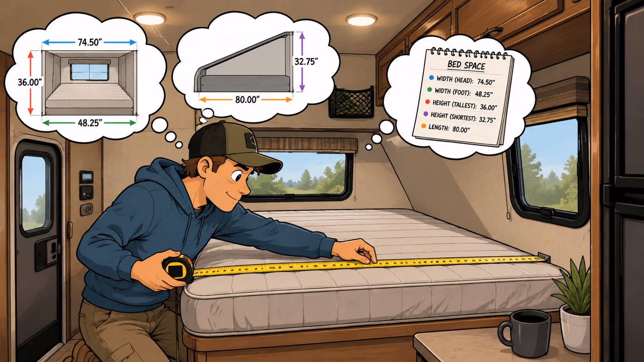 A man using a measuring tape to check the dimensions of an RV mattress bed area.