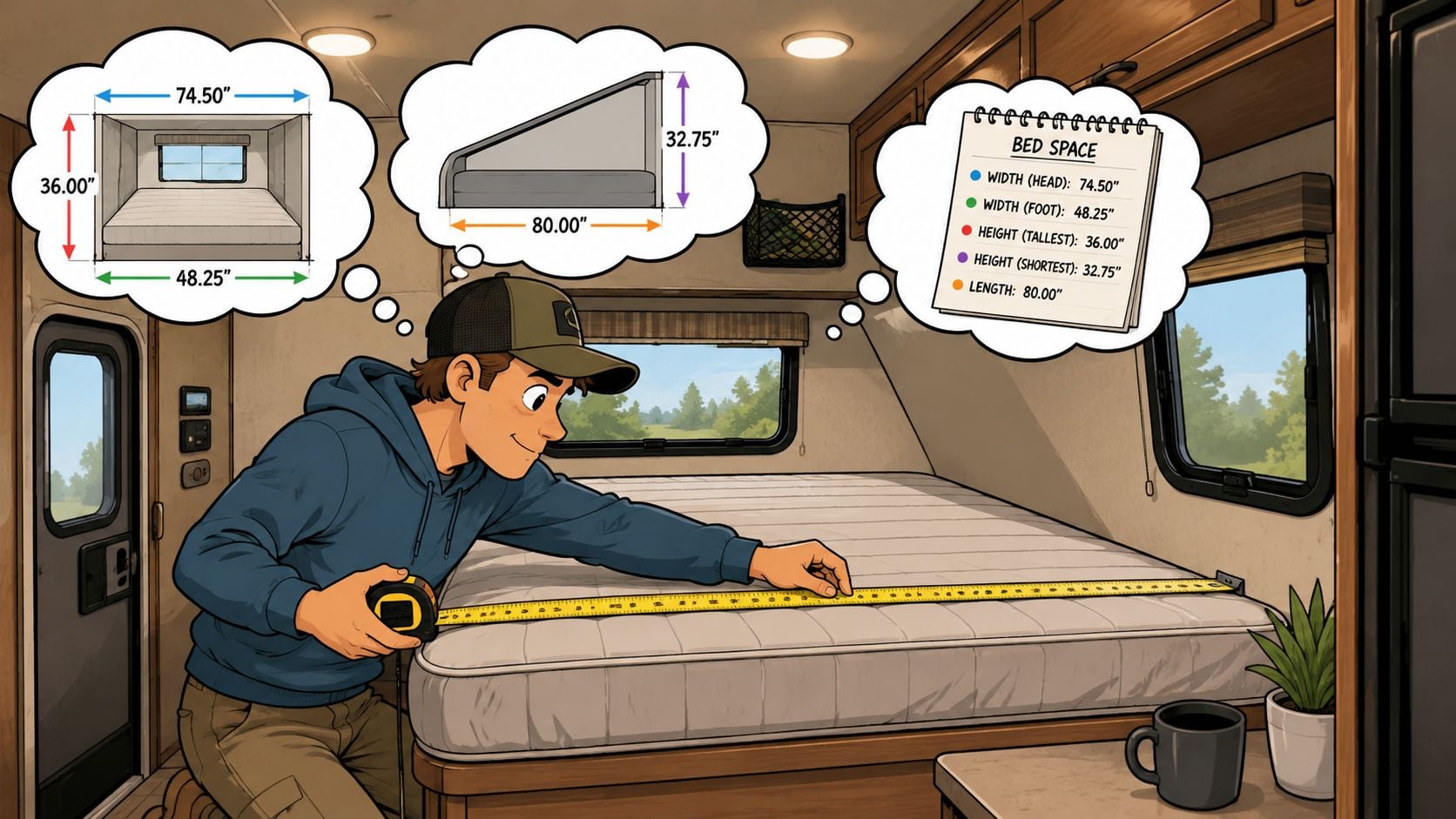 A man using a measuring tape to check the dimensions of an RV mattress bed area.
