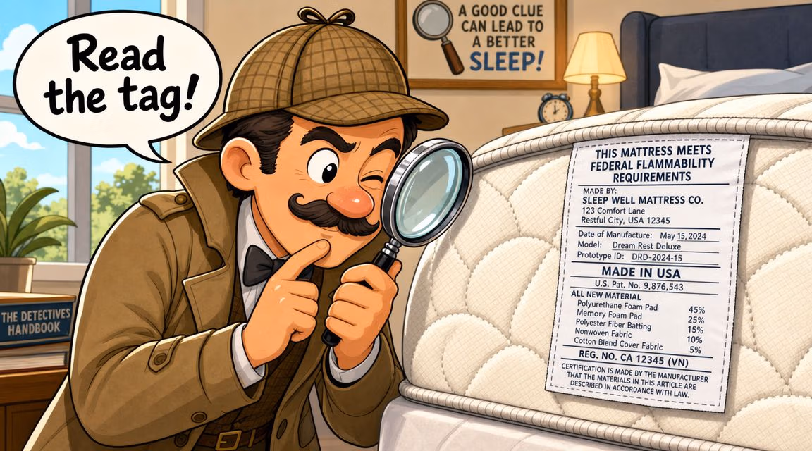 A cartoon detective examines a mattress tag in a bedroom, highlighting the made in USA product label.