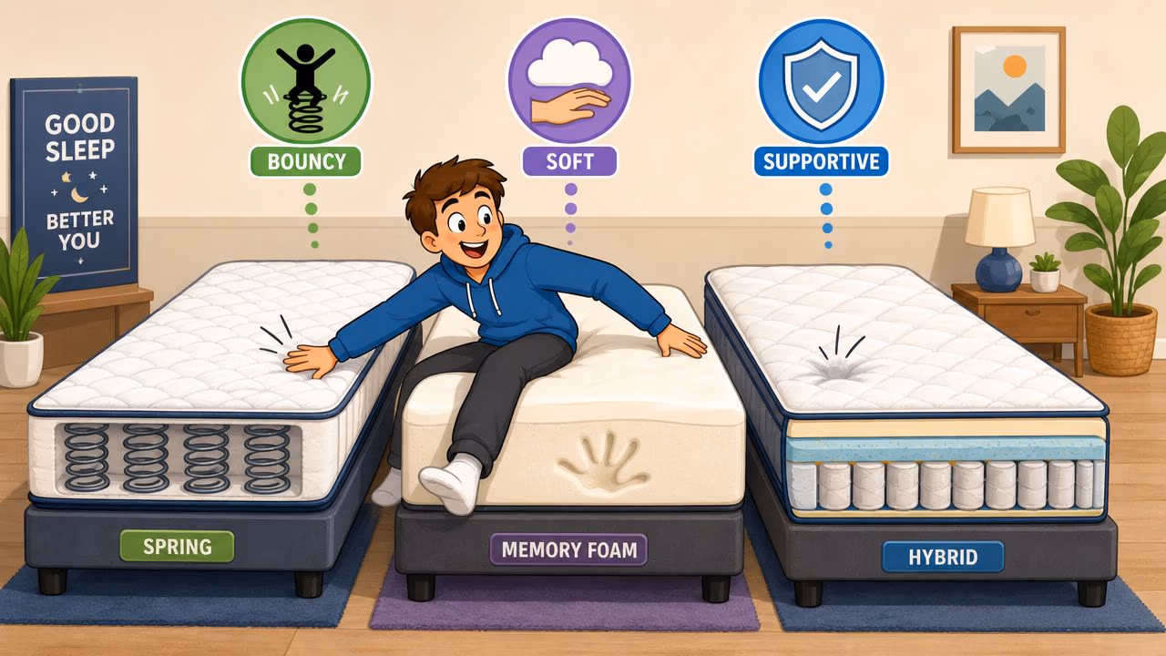 A person testing three different types of mattresses: spring, memory foam, and hybrid, to illustrate sleep comfort.