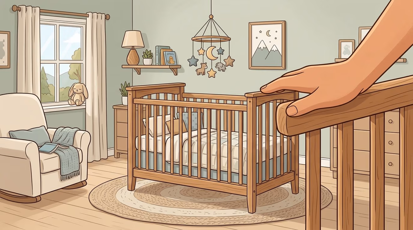 A cozy, sunlit nursery featuring a wooden crib, a comfortable rocking chair, and soft, gender-neutral decor.