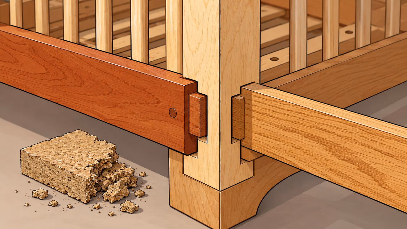 A close-up view of a wooden bed frame joint with crumbling debris on the floor nearby.