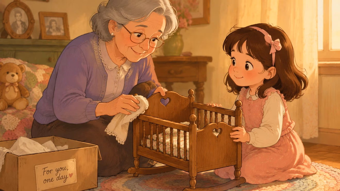 A kind grandmother shows her young granddaughter a vintage wooden doll cradle with a heart cutout.