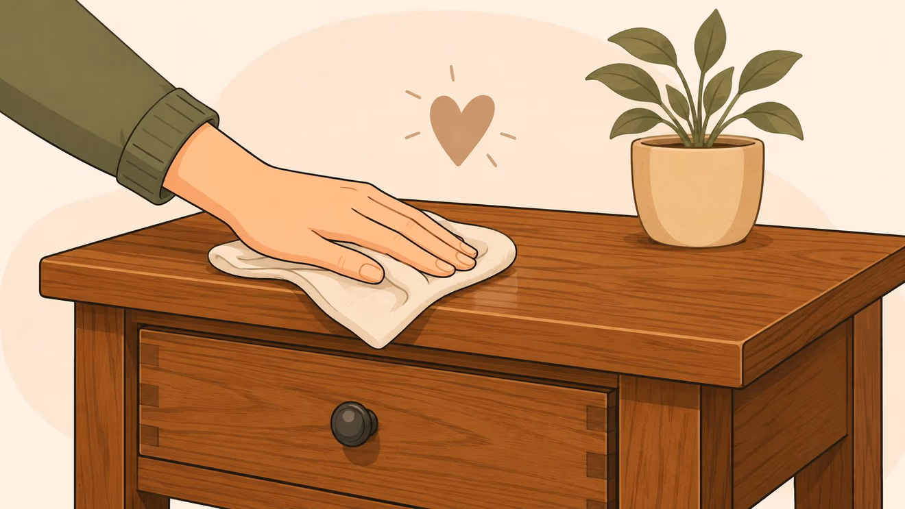 A close-up illustration of a hand wiping a polished wooden surface with a soft white cloth.