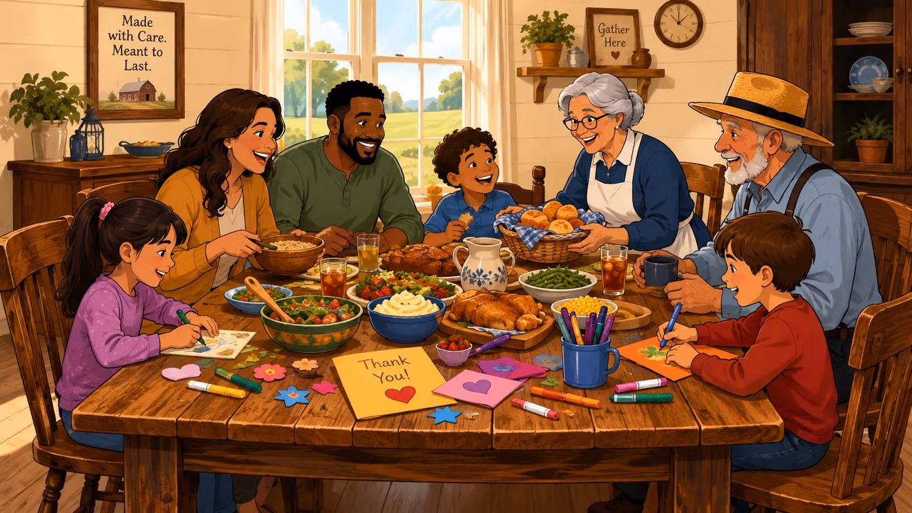 A multi-generational family enjoys a hearty meal together around a rustic wooden table in a farmhouse dining room.