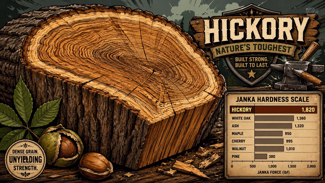 A cross-section of a hickory log with nuts, a leaf, and a Janka hardness scale chart.