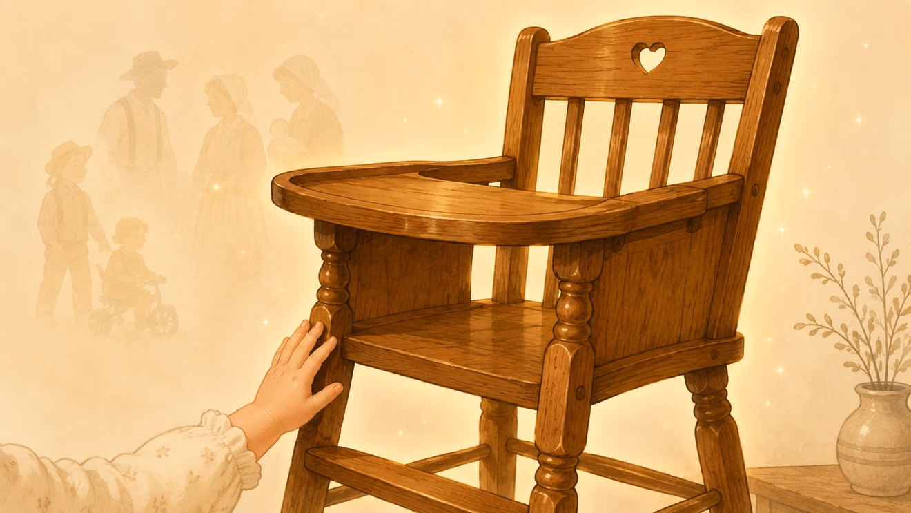 A child's hand reaching toward an Amish made high chair with faint figures of a family behind.