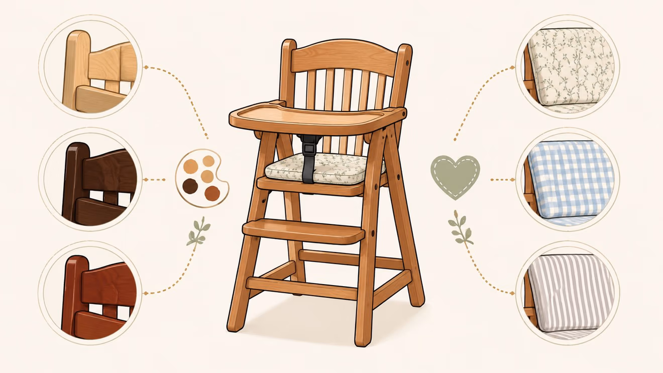 Amish made wooden high chair for babies with customizable wood stains and soft fabric seat cushions.
