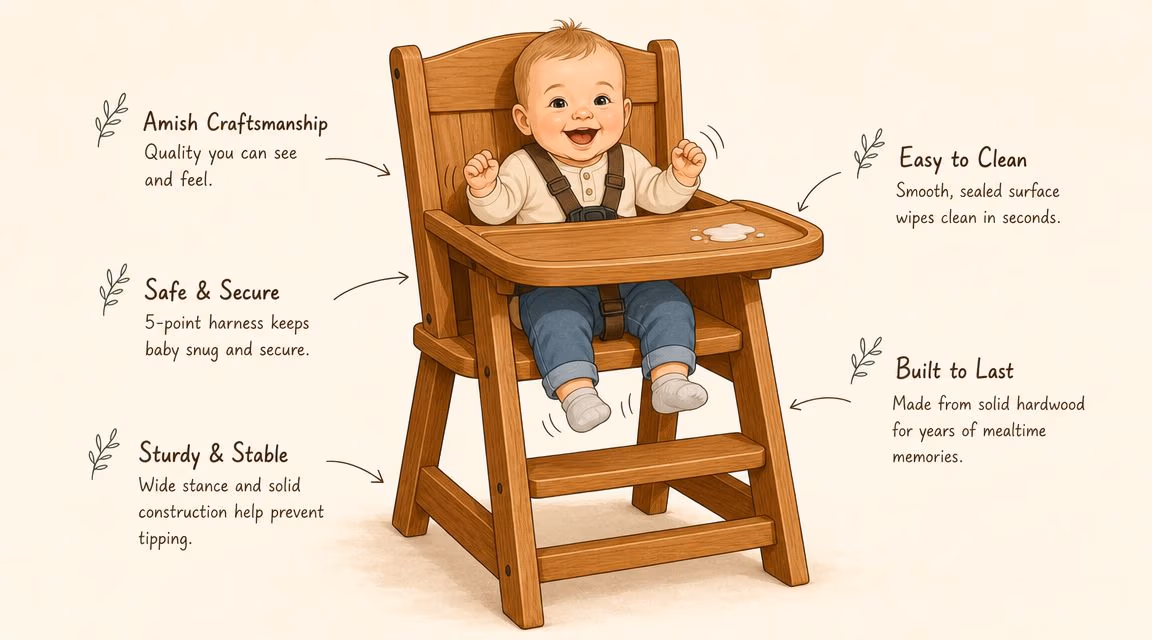 A happy baby sitting in a sturdy, Amish-made wooden high chair with a five-point safety harness.