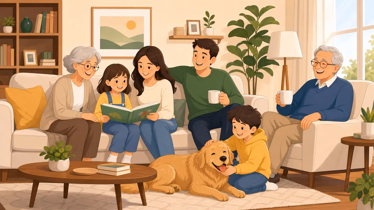 A happy multi-generational family sitting together in a cozy apartment living room with a golden retriever.